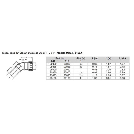 Buy Viega 95080 MegaPress 1/2" 45-deg Stainless Steel 304 Elbow Street -